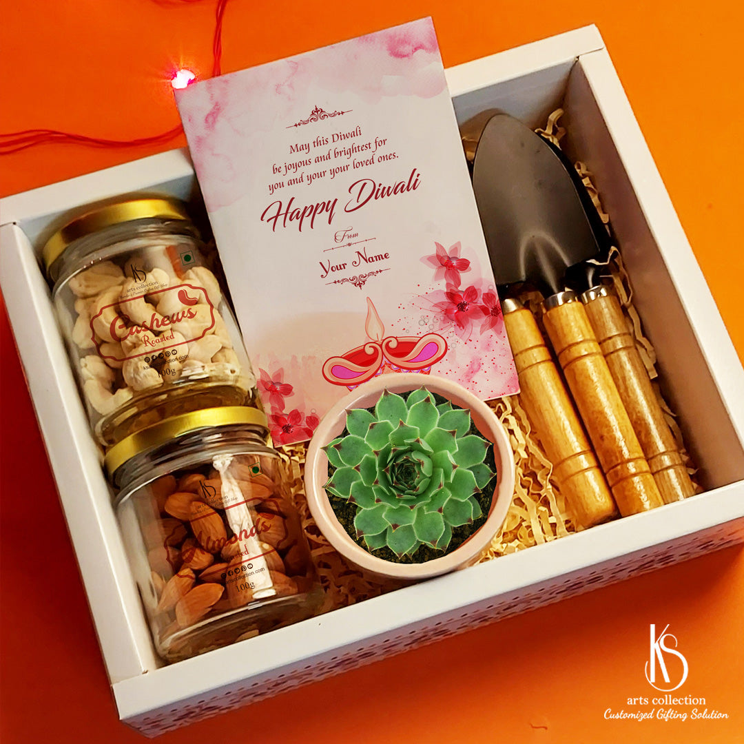 Celebrate Diwali with a touch of personalization! Our KS Laxmi kamal Succulent Unique Diwali Hampers are the perfect Personalised gifts. Explore our online gift shop now.