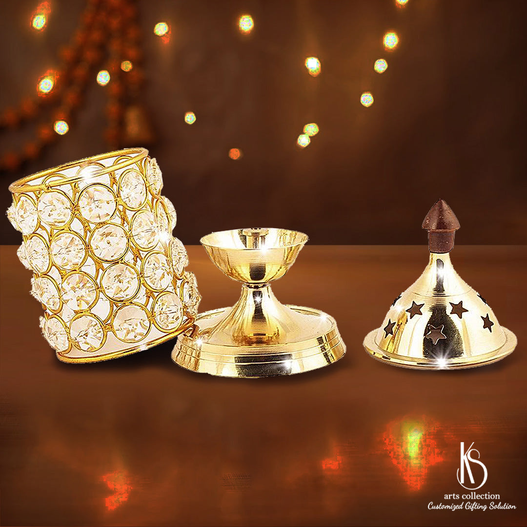 Elevate the ambience of your home with our exquisite KS Brass Diya with Crystal Cover. The perfect personalized gift from our online gift shop. Ignite warmth and happiness today!