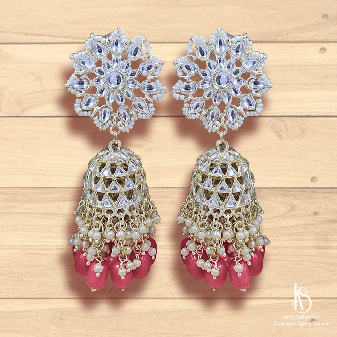 Elevate your style with these exquisite KS Diamond Jhumkas, available at our online gift shop for a unique touch to your outfit!