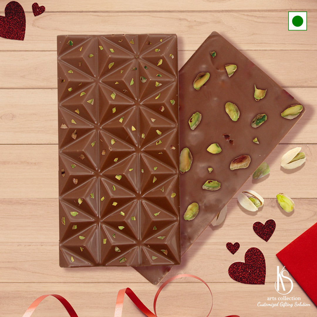 Want a delightful treat? Our KS Pistachio Chocolate Bar is the perfect personalized gift you can find at our online gift shop! Customize your loved one's snack time bliss now.