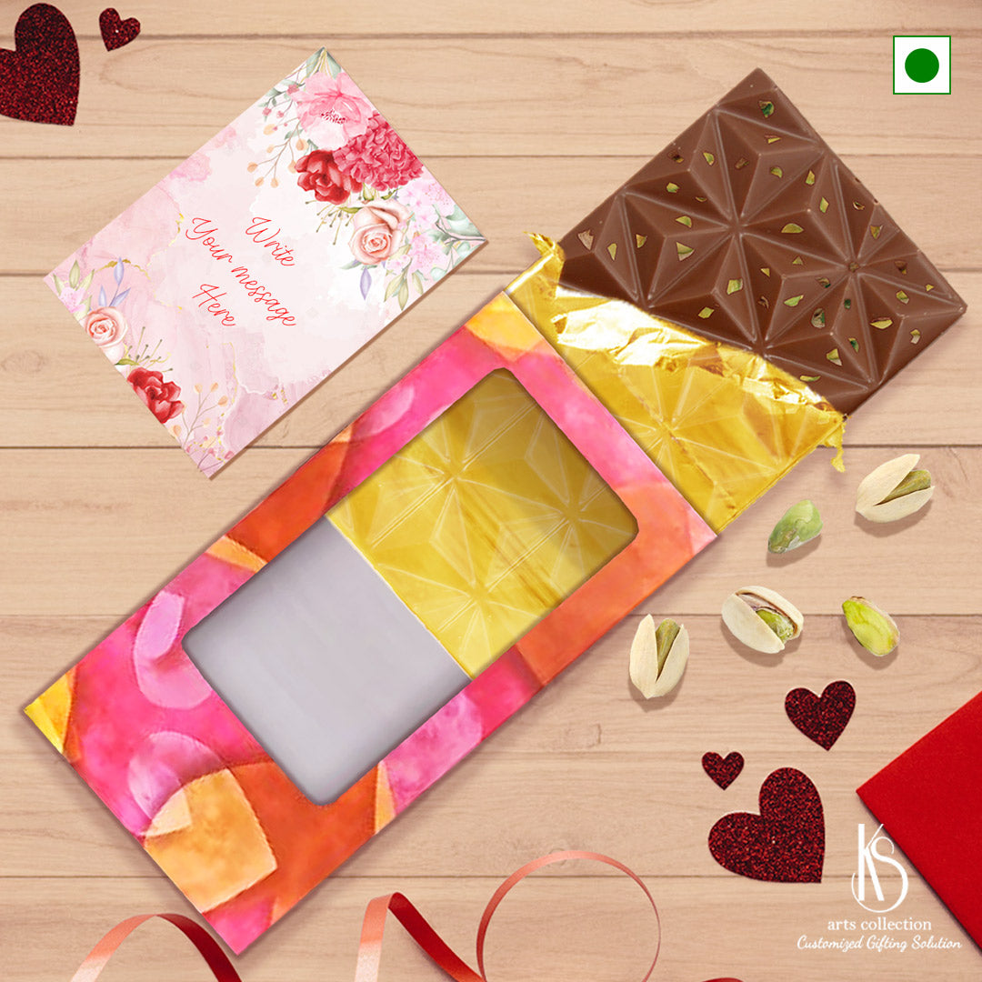 Treat yourself or someone special to our delectable KS Pistachio Chocolate Bar. The perfect personalized gift available at our online gift shop. Indulge with every bite!