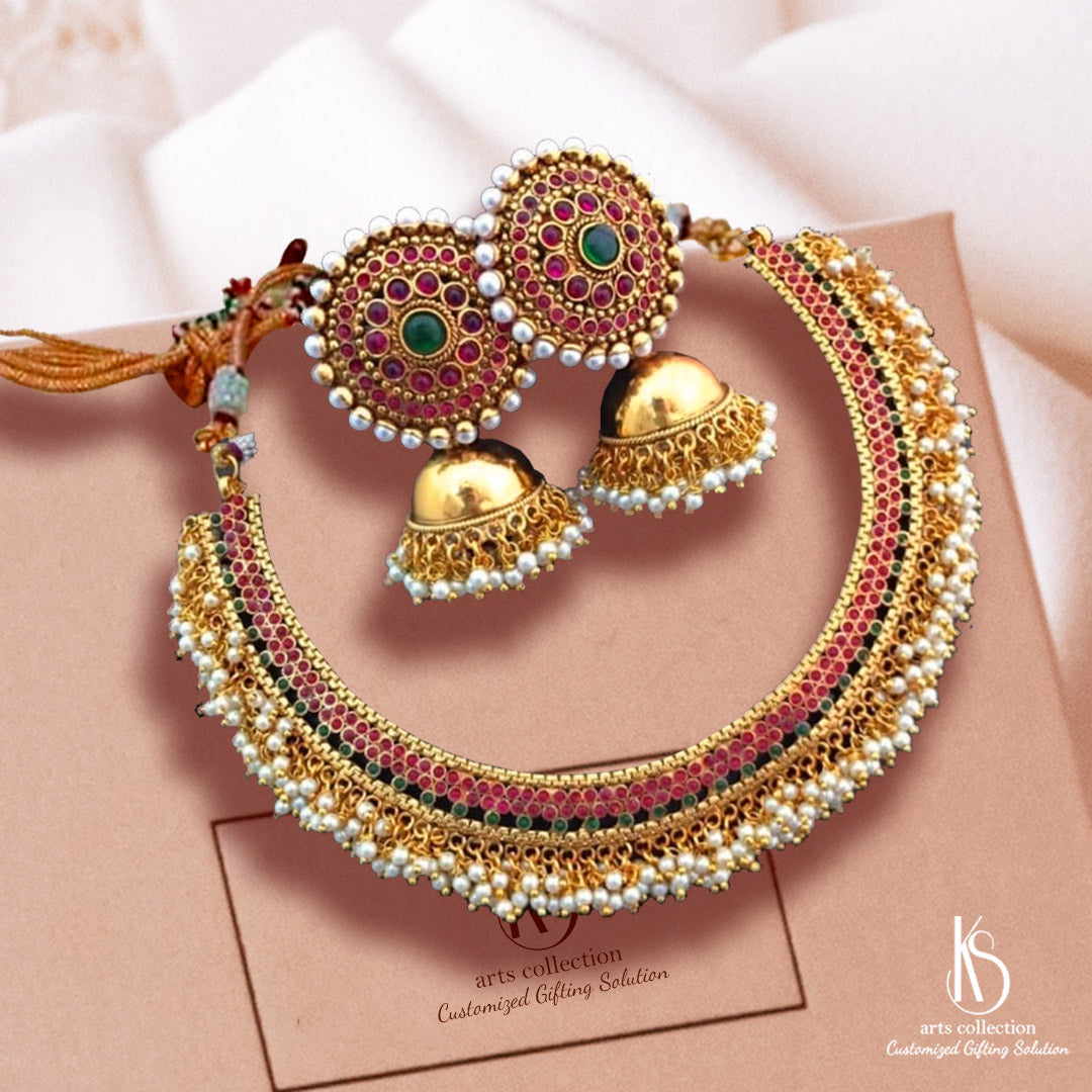 Add a touch of elegance and tradition to your jewelry collection with our unique KS temple jewellery necklace set. Explore our online gift shop for the perfect personalised gift