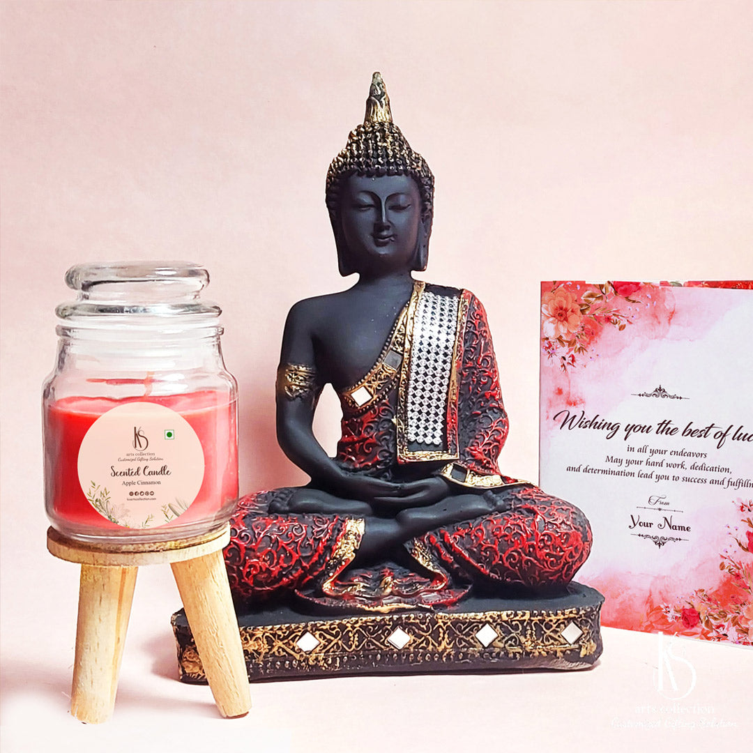 Discover inner tranquility with our KS Peaceful Bliss Meditating Buddha Gift Hamper from our online gift shop. A personalised gift of calm!