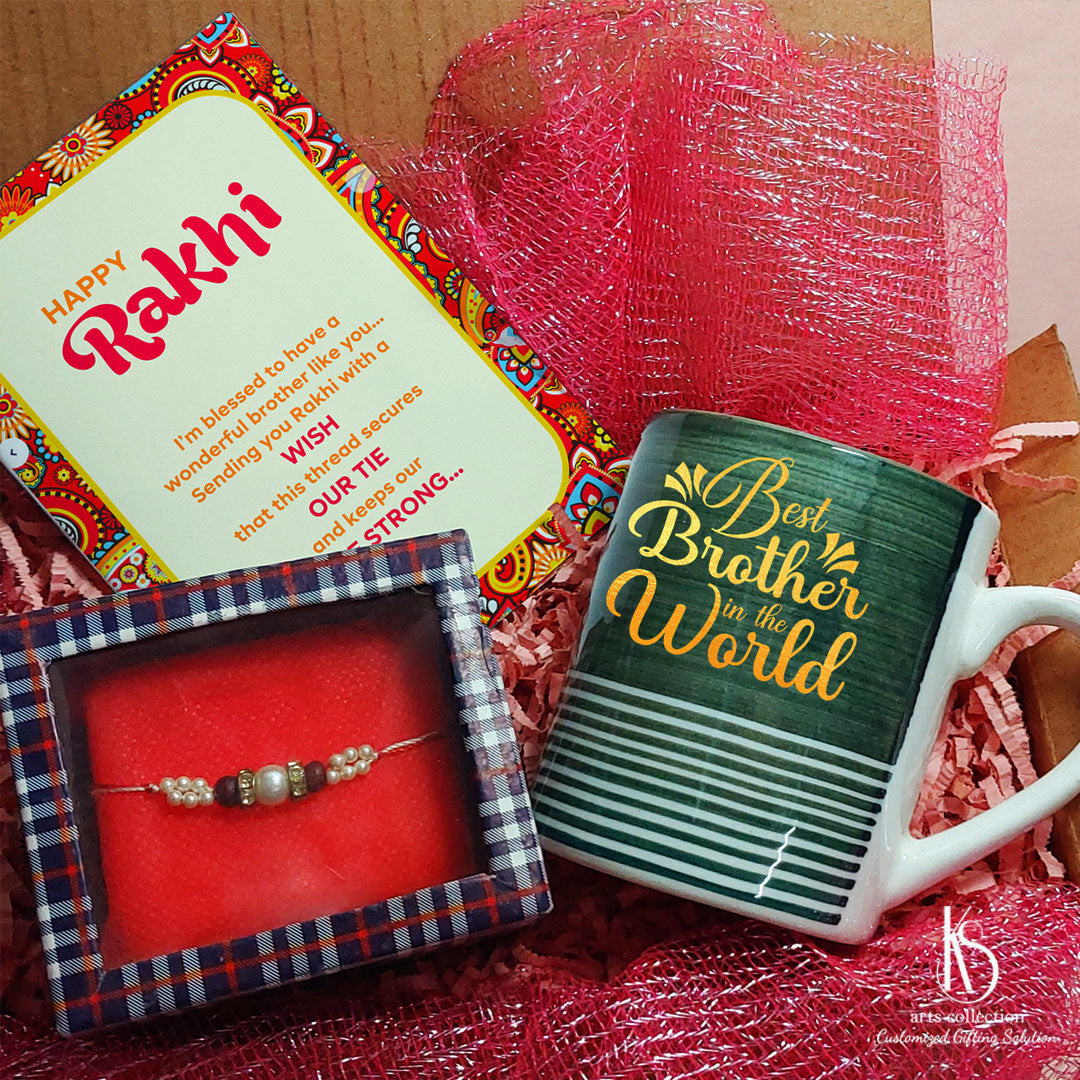 Bring a smile with Ks The Perfect Rakhi Gift Hamper! Includes an artistically printed ceramic mug. Find the best personalised gifts at our online gift shop