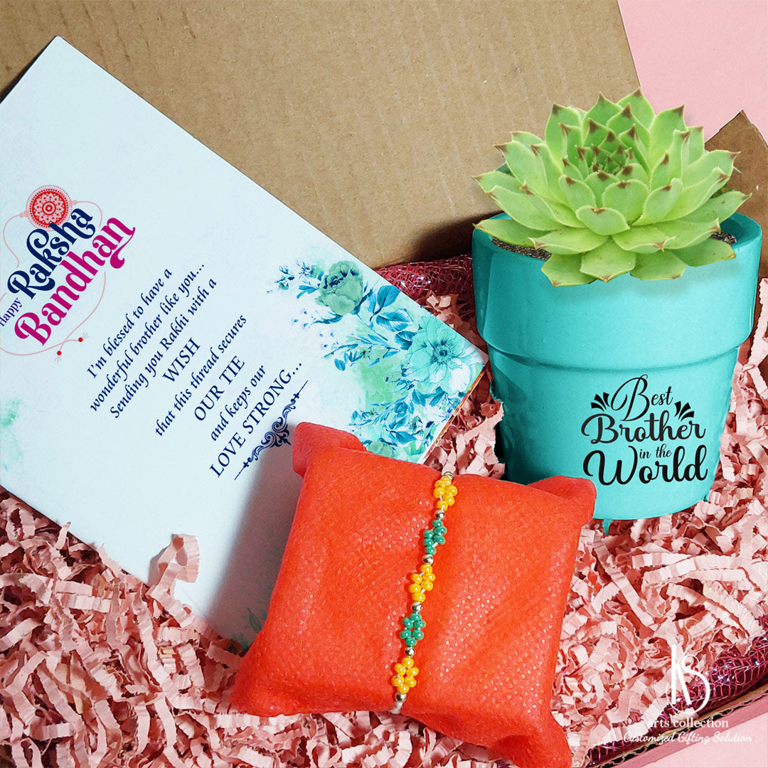 Add a green touch to Rakhi with our KS Ultimate Laxmi Kamal Succulent Plant Gift Hamper. Get this personalised gift from our online gift shop now.